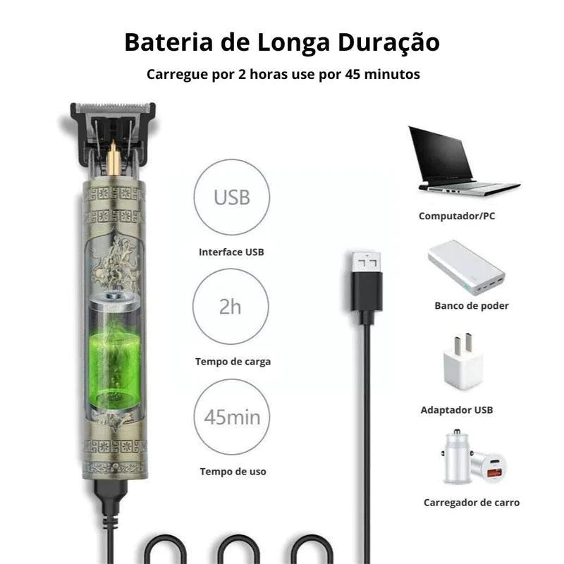 Máquina de Cortar Cabelo Profissional e Barbeador Dragão Elétrica com Bateria Recarregável